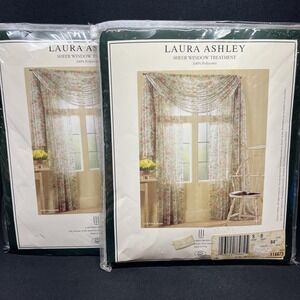 VTG Laura Ashley Cottage Rose Sheer Pocketrod Panel 56x84 Shabby Chic Set Of 2